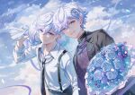  2boys absurdres aqua_hair blue_flower blue_rose blue_sky bouquet cloud cloudy_sky cozmez_(paradox_live) flower hao_lei_a highres holding holding_bouquet holding_flower male_focus multicolored_hair multiple_boys official_alternate_costume paradox_live pink_flower purple_eyes purple_flower purple_hair red_flower rose sky yatonokami_kanata yatonokami_nayuta 