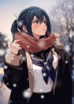  1girl alternate_costume artist_logo black_coat black_eyes black_hair black_sailor_collar blurry blurry_background brown_scarf coat haruto_(harut_n) kantai_collection long_hair looking_up one-hour_drawing_challenge outdoors parted_lips sailor_collar scarf school_uniform serafuku snow solo souryuu_(kancolle) tree twintails upper_body 