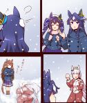  4girls =_= animal_ears blue_hair blush brown_hair buttons clenched_hands closed_eyes coat crossed_arms dark_blue_hair double-breasted gold_ship_(umamusume) hat highres holding horse_ears horse_girl horse_tail long_hair meme multiple_girls open_mouth orfevre_(umamusume) purple_eyes school_uniform simple_background snowball snowing standing tail tracen_training_uniform tracen_winter_coat translated twintails umamusume verxina_(umamusume) vivlos_(umamusume) winter_clothes yamcha_pose_(meme) yonedatomo_mizu 