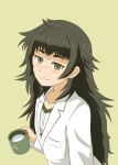  1girl blush brown_hair coat collarbone cup flat_chest from_above green_eyes highres hiyajou_maho holding holding_cup lab_coat long_hair looking_to_the_side messy_hair morinaka_hajime simple_background smile solo steins;gate upper_body white_coat yellow_background 