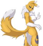  black_sclera blue_eyes breasts butt digimon domino_(artist) female looking_at_viewer looking_back nipples nude rear_view renamon simple_background smile solo 