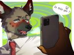 2023 4:3 aggretsuko anthro blush brown_body brown_fur clothing duo english_text fur haida_(aggretsuko) hi_res hyena looking_at_object looking_at_phone looking_at_smartphone male mammal necktie nervous open_mouth pluto08010511 pu94_d1de4c sanrio shirt spotted_hyena text topwear