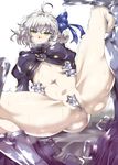  ahoge armor armored_boots ass blonde_hair blush boots breasts closed_mouth commentary_request cosplay crotch_plate embarrassed eyebrows_visible_through_hair fate/extra fate/extra_ccc fate/grand_order fate_(series) hair_ribbon highres jeanne_d'arc_(alter)_(fate) jeanne_d'arc_(fate)_(all) large_breasts long_sleeves looking_at_viewer meltlilith meltlilith_(cosplay) navel pale_skin partially_visible_vulva revealing_clothes ribbon shiny shiny_clothes shiny_hair shiny_skin short_hair silver_trim solo spread_legs sweat trembling wakura_(gcdan) yellow_eyes 