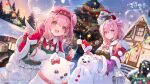  2girls animal_ears arknights bubble candy candy_cane cat_ears cat_girl christmas christmas_tree commentary_request food freng fur_trim goldenglow_(arknights) goldenglow_(maiden_for_the_bright_night)_(arknights) hair_between_eyes house korean_commentary medium_hair multiple_girls official_alternate_costume official_art open_mouth outdoors parted_lips pink_eyes pink_hair pudding_(arknights) pudding_(gleaming_fey)_(arknights) second-party_source snowflakes yellow_eyes 