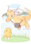  alolan_vulpix animal_focus artist_name asakoline bag bird black_eyes blue_sky claws cloud colored_skin dragon_wings dragonite duck envelope flower highres no_humans on_grass orange_skin pink_flower pokemon pokemon_(creature) psyduck shoulder_bag sky tail twitter_username white_background wings 