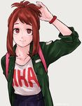  adjusting_hair arm_up bad_id bad_pixiv_id bag bangs boku_no_hero_academia breasts brown_eyes brown_hair casual medium_breasts open_clothes ponytail shirt sidelocks simple_background skirt sleeves_rolled_up smile solo t-shirt tied_hair upper_body uraraka_ochako watch white_background white_shirt yoshitaro_(almendra) 