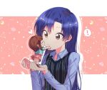  ! 2girls amami_haruka blue_hair blue_shirt blush border brown_eyes chibi closed_mouth collarbone constellation flat_chest hands_up heart idolmaster idolmaster_(classic) idolmaster_million_live! idolmaster_million_live!_theater_days kisaragi_chihaya kiss long_hair long_sleeves looking_at_another lunim_(roo_0_0) moon multicolored_vest multiple_girls outside_border pink_background rocket saturn_(planet) shirt signature speech_bubble star_(sky) striped striped_vest ufo vertical-striped_vest vertical_stripes vest white_border 