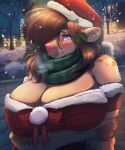 absurd_res anthro ardail arm_under_breasts big_breasts blue_eyes bovid bovine breasts brown_hair cattle christmas christmas_clothing christmas_headwear city cleavage clothed clothing eyelashes female fur hair hair_over_eye hat headgear headwear hi_res holidays hooved_hands horn looking_at_viewer mammal mistletoe mocha_latte night one_eye_obstructed pink_nose plant santa_hat scarf sky snow snowing solo tan_body tan_fur