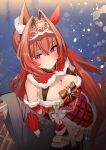  1boy 1girl animal_ears breasts christmas cleavage daiwa_scarlet_(umamusume) highres horse_ears horse_girl large_breasts long_hair red_hair solo_focus solokitsune tiara umamusume 