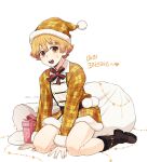  1boy absurdres agatsuma_zenitsu bare_legs blonde_hair brown_eyes christmas gift hat highres kimetsu_no_yaiba korean_text long_sleeves male_focus merry_christmas open_mouth otoko_no_ko sack santa_hat shimya shirt shoes short_hair solo teeth tongue yellow_headwear yellow_shirt 