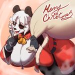 1:1 2023 absurd_res anthro bag bear belt big_breasts black_body black_fur black_nose breasts christmas cleavage clothed clothing eyebrow_through_hair eyebrows eyelashes female fur giant_panda gloves hair handwear hi_res holidays huge_breasts inkendross looking_at_viewer mammal merry_christmas multicolored_body multicolored_fur one_eye_closed open_mouth open_smile santa_dress short_hair shush smile solo tongue translucent translucent_hair two_tone_body two_tone_fur white_body white_fur white_hair wink zipper
