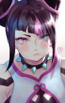  1girl black_hair blue_eyes blush collar commentary_request diagonal_bangs drill_hair eyelashes full_body hair_horns han_juri heart heterochromia highres looking_at_viewer medium_hair multicolored_hair o_tami_tami_x pink_eyes pink_hair pout solo spiked_collar spikes streaked_hair street_fighter street_fighter_6 twin_drills white_background 