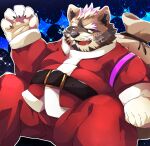 2023 anthro black_nose boar_stag144 bottomwear clothing costume hi_res humanoid_hands kemono lifewonders live_a_hero male mammal overweight overweight_male pants procyonid raccoon santa_costume solo viscunam
