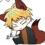  1boy animal_ears anya8028 atou_haruki black_jacket blonde_hair brown_sweater chibi chinese_commentary chinese_text closed_eyes closed_mouth commentary_request fox_boy fox_ears fox_tail jacket long_sleeves lowres male_focus no_nose open_clothes open_jacket saibou_shinkyoku short_hair sweater tail translation_request turtleneck turtleneck_sweater 