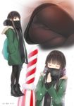  ama_mitsuki ass bangs black_hair black_legwear blunt_bangs blush boots brown_eyes closed_eyes coat commentary dated dress fur_trim gusset hands_clasped hands_in_pockets hatsuyuki_(kantai_collection) kantai_collection long_hair lying multiple_views on_side own_hands_together panties panties_under_pantyhose pantyhose polka_dot praying scarf simple_background snowing standing sweater sweater_dress underwear white_background white_panties 