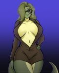 anthro big_breasts blue_background breasts clothed clothing digital_media_(artwork) eyewear female glasses green_eyes green_hair green_lipstick hair hi_res huge_breasts lipstick looking_at_viewer makeup narikusha reptile scalie simple_background smile snake solo surrex tail thick_thighs wide_hips