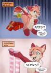 absurd_res anthro christmas clothing comic english_text female footwear gift hi_res holidays metric_(metric_fox) metric_fox metric_fox_(metricfox) socks solo text