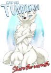 2023 3_toes 4_fingers akiric anthro arctic_fox bedroom_eyes biped blue_eyes breasts canid canine cheek_tuft covering covering_breasts covering_self crossed_arms disney english_text facial_tuft feet female fingers fox front_view fur half-closed_eyes hi_res hindpaw humanoid_hands inner_ear_fluff kneeling looking_at_viewer mammal narrowed_eyes navel nude pawpads paws pubes redraw seductive simple_background skye_(zootopia) smile solo text toes tuft white_background white_body white_fur zootopia