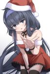  1girl black_hair black_thighhighs blue_archive blue_eyes blush breasts cowboy_shot dress fingernails frilled_dress frills hat highres long_hair looking_at_viewer open_mouth pom_pom_(clothes) red_dress red_headwear santa_costume santa_hat small_breasts solo thighhighs ui_(blue_archive) yeogpu_(seung832222) 