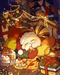  blush_stickers book book_stack box cake christmas christmas_stocking christmas_tree closed_eyes commentary dark food fur-trimmed_headwear fur_trim gift gift_box harukui hat highres holding indoors kirby kirby_(series) lying mistletoe night pillow santa_hat sleeping smile snowing stuffed_toy window 