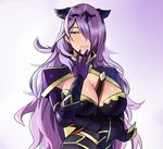  armor black_armor blush breasts camilla_(fire_emblem_if) cleavage commentary dodomir23 fire_emblem fire_emblem_if gloves gradient gradient_background hair_over_one_eye highres large_breasts lips long_hair looking_at_viewer purple_background purple_eyes purple_hair smile solo tiara very_long_hair wavy_hair 