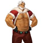  1boy abs arm_hair bara bare_pectorals beard blue_eyes chest_hair christmas cookie_run dark-skinned_male dark_skin eggnog_cookie facial_hair full_beard fur_trim hairy highres humanization large_pectorals looking_at_viewer male_focus mature_male mismatched_eyebrows muscular muscular_male mustache navel_hair nipples open_clothes pectorals red_headwear santa_costume seductive_smile short_hair smile solo strongman_waist thick_beard thick_eyebrows white_hair yumilbo 