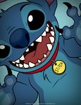  2016 absurd_res alien black_claws black_eyes blue_fur blue_nose breaking_the_fourth_wall chest_tuft claws collar copyright digital_media_(artwork) disney experiment_(species) fur head_tuft hi_res lilo_and_stitch looking_at_viewer open_mouth open_smile philtrum ravenevert smile stitch teeth tuft url vignette watermark 