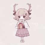  1girl alternate_costume alternate_hair_ornament animal_ears antlers bell blush_stickers bow bowtie brown_gloves brown_hair capelet danganronpa_(series) danganronpa_2:_goodbye_despair deer_ears deer_girl flipped_hair frown full_body fur-trimmed_capelet fur_trim gift gloves grey_background hair_bell hair_ornament holding holding_gift medium_hair nanami_chiaki pink_bow pink_bowtie shiro_(luv03i) shoes simple_background socks solo standing white_socks 