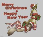 2023 anthro biped brown_body brown_fur brown_hair canid canine canis christmas christmas_clothing christmas_headwear claws clothing digital_media_(artwork) digitigrade domestic_dog duo eyewear female fur gift glasses grey_background hair hat headgear headwear hi_res holidays kneeling legwear looking_at_viewer lying mammal merry_christmas on_back patecko pattern_clothing pattern_legwear pattern_stockings paws round_glasses santa_hat simple_background stockings striped_clothing striped_legwear striped_stockings stripes tan_body tan_fur toe_claws