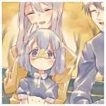  1boy 2girls aged_down autumn bad_id bad_pixiv_id bench blue_eyes blue_hair blue_shirt closed_eyes facial_hair family father_and_daughter gochuumon_wa_usagi_desu_ka? grey_hair hair_between_eyes hair_ornament hetareeji husband_and_wife jacket kafuu_saki kafuu_takahiro leaf_on_face light_blue_hair long_hair looking_at_viewer mother_and_daughter multiple_girls outdoors puffy_short_sleeves puffy_sleeves shirt short_hair short_sleeves tippy_(gochiusa) tree two_side_up x_hair_ornament yellow_jacket 