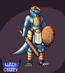 2023 absurd_res anthro biped blue_body blue_scales blue_tail bottomwear brown_clothing claws clothing digital_drawing_(artwork) digital_media_(artwork) hi_res holding_object holding_shield holding_sword holding_weapon legwear lizard lizzyglizzy loincloth melee_weapon orange_clothing orange_eyes reptile scales scalie shield solo sword tail topwear watermark weapon white_claws yellow_clothing