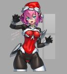  1girl ass_visible_through_thighs black_gloves blue_eyes breasts covered_navel cropped_legs dated fang gloves grey_background hair_between_eyes hat medium_breasts open_mouth original pink_hair santa_hat short_hair skin_fang solo takada_kazuhiro thighhighs two-tone_bodysuit 