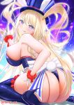  1girl :q absurdres animal_ears artist_name ass azur_lane blonde_hair blue_eyes blue_footwear blue_leotard boots breasts fake_animal_ears frilled_leotard frills from_behind full_body gloves guam_(azur_lane) guam_(stage-setting_charmer)_(azur_lane) hat high_heel_boots high_heels highres holding holding_pole large_breasts leotard long_hair looking_at_viewer looking_back multicolored_eyes official_alternate_costume playboy_bunny pole purple_eyes rabbit_ears skindentation solo star-shaped_pupils star_(symbol) symbol-shaped_pupils thigh_boots tongue tongue_out top_hat tsuri_pi undersized_breast_cup very_long_hair white_gloves 