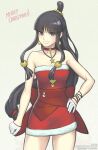  1girl ace_attorney bare_legs black_hair blush christmas dress gloves gofelem long_hair looking_at_viewer maya_fey phoenix_wright:_ace_attorney_-_trials_and_tribulations smile solo 