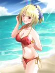  1girl :d arm_behind_back beach bikini blonde_hair blush braid breasts cleavage collarbone cowboy_shot french_braid halo hand_in_own_hair highres large_breasts looking_at_viewer medium_breasts navel nue_no_onmyouji ocean open_mouth orange_eyes ponytail red_bikini side-tie_bikini_bottom sky smile solar_flare solo standing stomach suo_kazusa swimsuit zakiwo_(rrxn8224) 