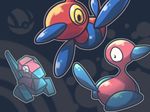  4:3 abstract_background beak blue_beak blue_body blue_tail dark_background digital_media_(artwork) floating group looking_at_viewer looking_away nintendo outline pink_body pok&eacute;ball pok&eacute;mon porygon porygon-z porygon2 red_body ultra_ball video_games wallpaper yellow_eyes zaikudo 