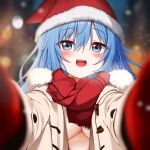 1girl blue_eyes blue_hair blush breasts coat elie_wayne fur-trimmed_coat fur-trimmed_headwear fur_trim hat jan_azure large_breasts long_hair long_sleeves looking_at_viewer meme naked_coat open_clothes open_coat open_mouth pov_cheek_warming_(meme) red_headwear red_scarf santa_hat scarf smile upper_body white_coat winter_clothes winter_coat winter_gloves 