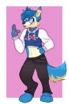 &lt;3 anthro blue_body bottomwear bunthefen canid canine canis clothing collar crop_hoodie denim denim_bottomwear denim_clothing domestic_dog hi_res husky jeans looking_at_viewer male mammal nordic_sled_dog pants raised_hand solo spitz standing tan_body tyler.py