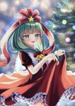  1girl absurdres arm_ribbon blurry blurry_background bow christmas christmas_lights christmas_tree cowboy_shot dress frilled_bow frilled_dress frilled_ribbon frilled_sleeves frills front_ponytail green_eyes green_hair hair_bow hair_ribbon highres kagiyama_hina lifted_by_self looking_at_viewer nene_man night open_mouth puffy_short_sleeves puffy_sleeves red_bow red_dress red_ribbon ribbon short_sleeves smile solo star_(symbol) touhou 