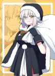  1girl alternate_costume artoria_pendragon_(fate) black_cape black_dress black_gloves black_headwear bow bowtie brown_pantyhose cape christmas closed_mouth commentary_request cosplay dress fate/grand_order fate_(series) fur-trimmed_cape fur-trimmed_headwear fur_trim gloves hair_between_eyes hat highres holding holding_sack jeanne_d&#039;arc_alter_(fate) looking_at_viewer nonoitou110 pantyhose saber_alter sack santa_alter santa_alter_(cosplay) santa_costume santa_hat short_hair sleeveless sleeveless_dress smile solo yellow_background yellow_eyes 