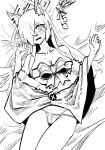  1girl alternate_costume animal_ear_fluff animal_ears blue_archive blush breasts collarbone commentary_request cowboy_shot embarrassed extra_ears hair_over_one_eye halo highres kanna_(blue_archive) large_breasts looking_at_viewer lying monochrome on_back open_mouth panties presenting sharp_teeth solo teeth twoj underwear 