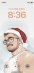  1boy bara beard beard_stubble brown_hair chest_hair_peek christmas dahei_(youtian) expressionless facial_hair fake_phone_screenshot fake_screenshot from_side glasses hat highres huge_eyebrows ji_peng_gou_you large_pectorals looking_at_viewer looking_to_the_side male_focus mature_male muscular muscular_male mustache_stubble paid_reward_available pectorals santa_hat short_hair snowing solo tank_top translation_request undercut upper_body white_tank_top youtian_(youtiange) 