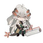  1girl arknights bandaid bandaid_on_face bare_shoulders black_gloves black_shirt black_thighhighs chibi commentary elbow_gloves fingerless_gloves full_body gloves hair_between_eyes horns joshua_(shisanli934) long_hair looking_at_viewer multiple_tails red_eyes saria_(arknights) shirt simple_background sleeveless sleeveless_shirt solo splatoon_(series) symbol-only_commentary tail tentacle_hair thighhighs white_background 