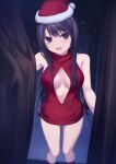  1girl black_eyes black_hair breasts cleavage_cutout clothing_cutout coffee-kizoku commentary_request curtains dress feet_out_of_frame fur-trimmed_headwear fur_trim hat highres long_hair looking_at_viewer medium_breasts night night_sky original red_dress red_headwear red_sweater ribbed_sweater santa_hat shiramine_rika sky solo sweater sweater_dress turtleneck turtleneck_sweater 