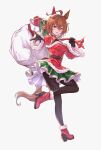  1girl agnes_tachyon_(umamusume) ahoge alternate_costume animal_ears ankle_boots belt black_gloves boots box breasts brown_hair dress ear_covers empty_eyes from_side fur-trimmed_boots fur-trimmed_dress fur-trimmed_sleeves fur_trim gift gift_box gloves green_skirt high_heel_boots high_heels holding holding_sack horse_ears horse_girl horse_tail leg_up looking_at_viewer looking_to_the_side medium_breasts messy_hair peperoncino-sama red_dress red_eyes red_footwear sack santa_dress short_hair simple_background single_ear_cover skirt solo tail umamusume white_background 