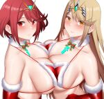  2girls arind_yudha bare_shoulders bikini blonde_hair blush breasts chest_jewel cleavage collarbone highres large_breasts long_hair looking_at_viewer multiple_girls mythra_(xenoblade) pyra_(xenoblade) red_eyes red_hair short_hair smile swept_bangs swimsuit tiara xenoblade_chronicles_(series) xenoblade_chronicles_2 yellow_eyes 