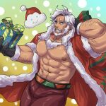  1boy abs arm_hair bara bare_pectorals beard blue_eyes bulge christmas coat cookie_run dark-skinned_male dark_skin eggnog_cookie facial_hair full_beard fur-trimmed_coat fur_trim gift holding holding_gift humanization large_hands large_pectorals looking_at_viewer male_focus mature_male muscular muscular_male navel navel_hair nipples obliques open_clothes pectorals red_headwear santa_costume seductive_smile short_hair smile solo stomach strongman_waist thick_arms thick_beard thick_chest_hair thick_eyebrows thick_thighs thighs weedwolfeatmeat white_hair 