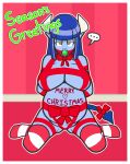 anne_(arcnod) annoyed arcnod arms_tied ball_gag blue_body blue_hair blue_skin border bound breasts christmas christmas_decorations demon female gag hair holidays horn humanoid long_hair pregnant ribbons solo spade_tail tail white_border