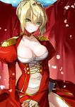  blonde_hair bow braid breasts cleavage collarbone epaulettes eyebrows_visible_through_hair eyelashes fate/extra fate_(series) green_eyes hair_bow hair_intakes juliet_sleeves long_sleeves looking_to_the_side medium_breasts nero_claudius_(fate) nero_claudius_(fate)_(all) ogino_atsuki petals puffy_sleeves red_bow smile solo wide_sleeves 