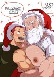  !? 2boys age_difference arm_hair bara bare_pectorals beard blush chest_hair christmas clothes_lift ducka98 english_text facial_hair from_side hat head_tilt highres large_pectorals long_beard male_focus mature_male multiple_boys muscular muscular_male old old_man original pectoral_lift pectorals red_hair red_headwear sanpaku santa_costume santa_hat shirt_lift short_hair sparse_chest_hair starry_background surprise_hug surprised sweat thick_eyebrows thick_mustache upper_body white_hair wrinkled_skin yaoi 
